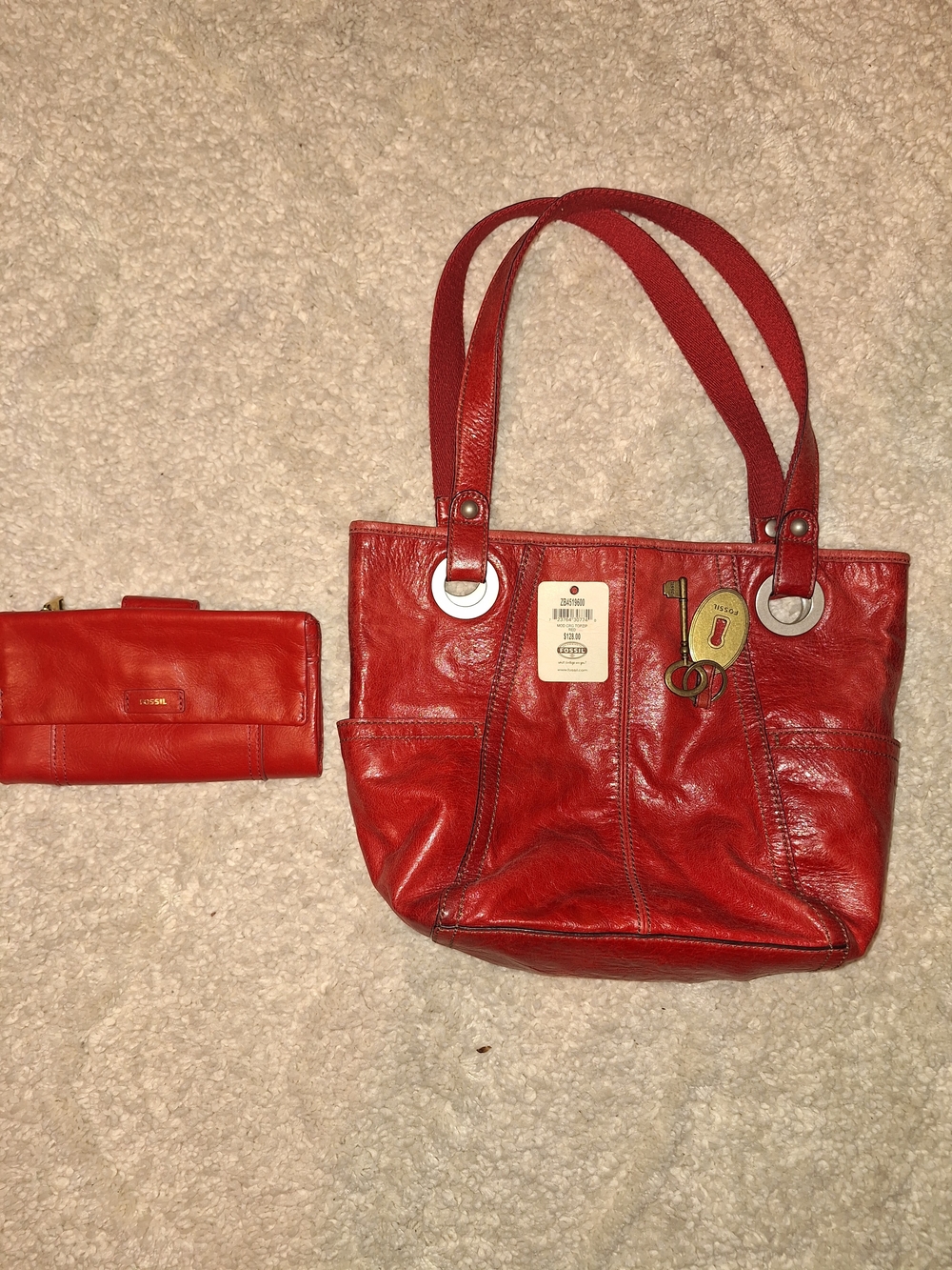 Fossil Red Leather Shoulder Tote with Matching Wallet